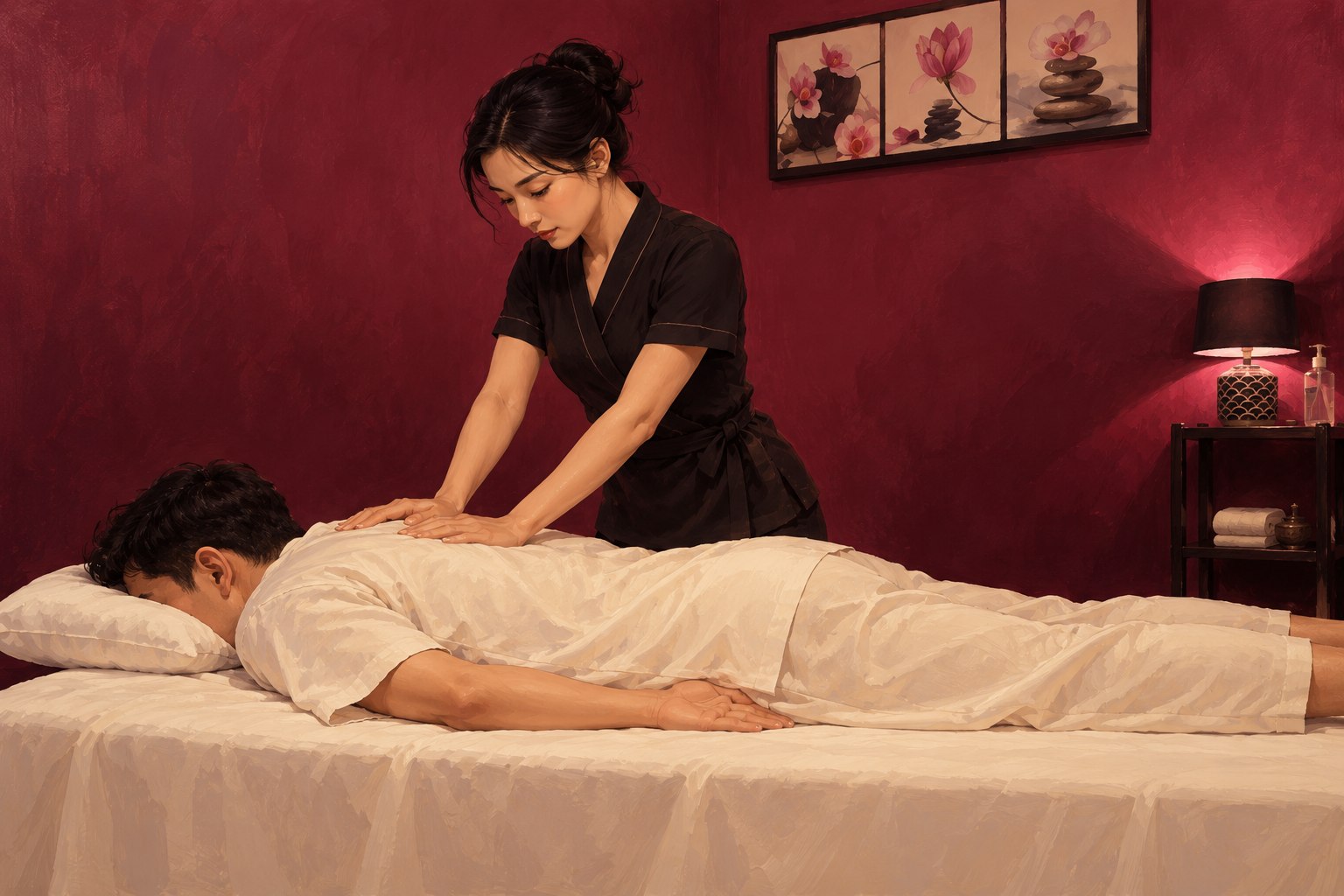 Illustration : Massage sur table dans une cabine prune